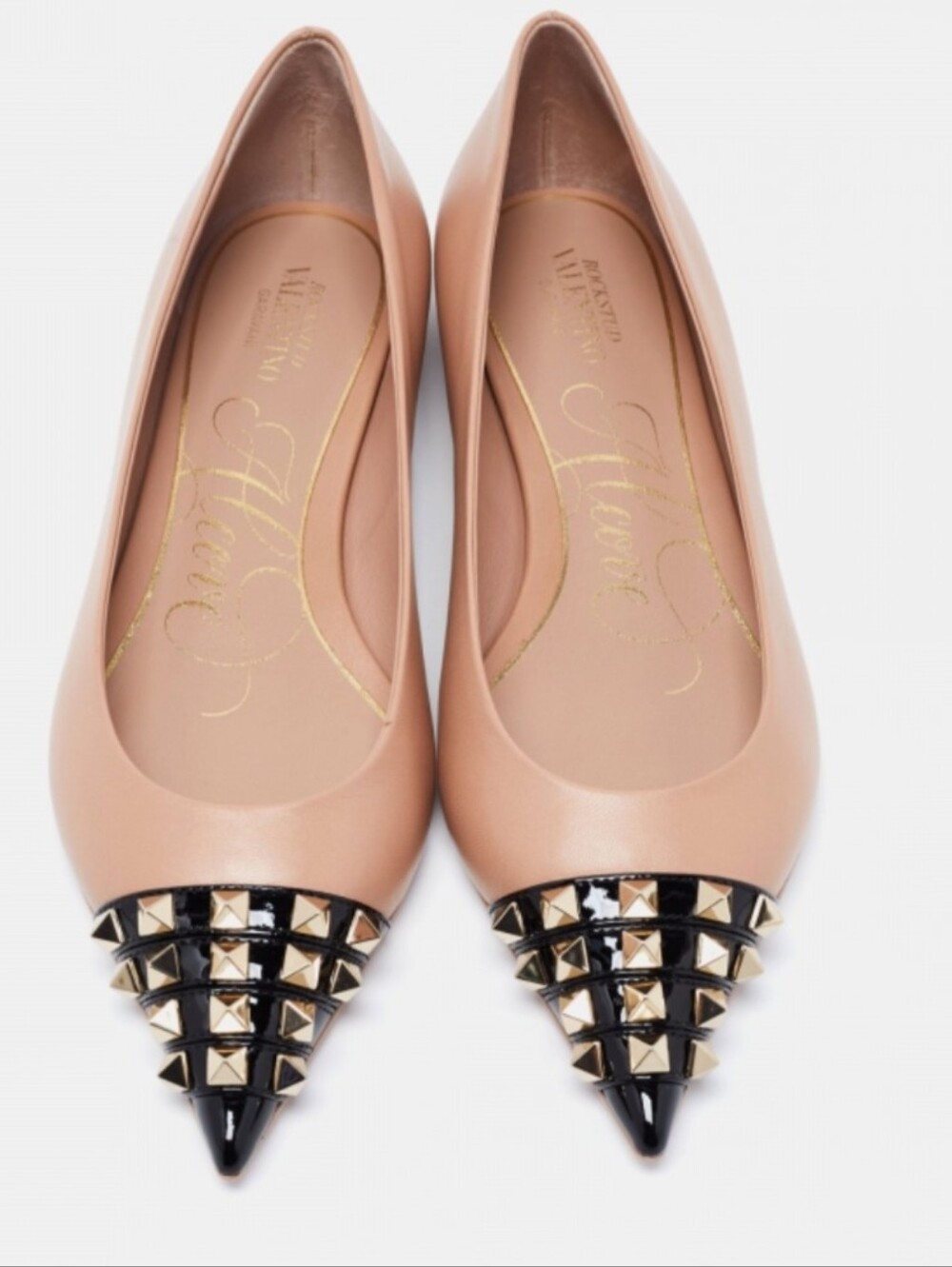 NIB Valentino Beige Leather Pointed Black Cap Toe Flat Stud NEW 37.5